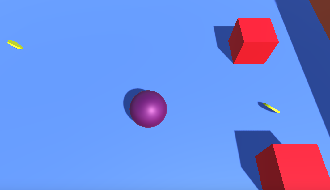 Purple ball near a coin between two red cubes