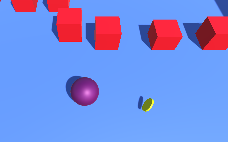 Purple ball near a line of red cubes